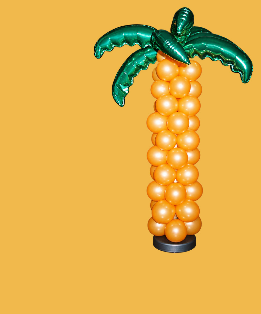 Ballonnenpalm met groene bladeren en goudkleurige ballonnen op een zwarte voet